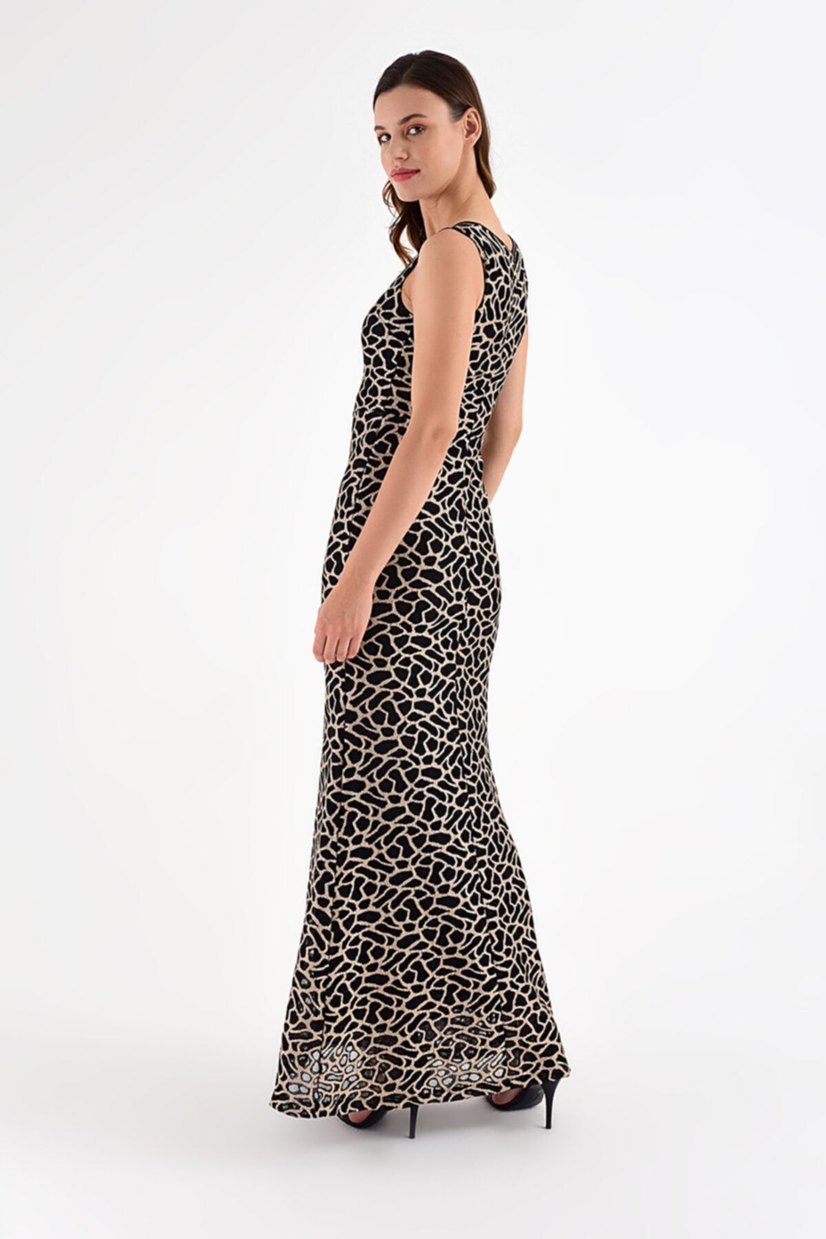 Laranor-Rochie de damă cu model auriu negru cu detaliu guler brodat 3