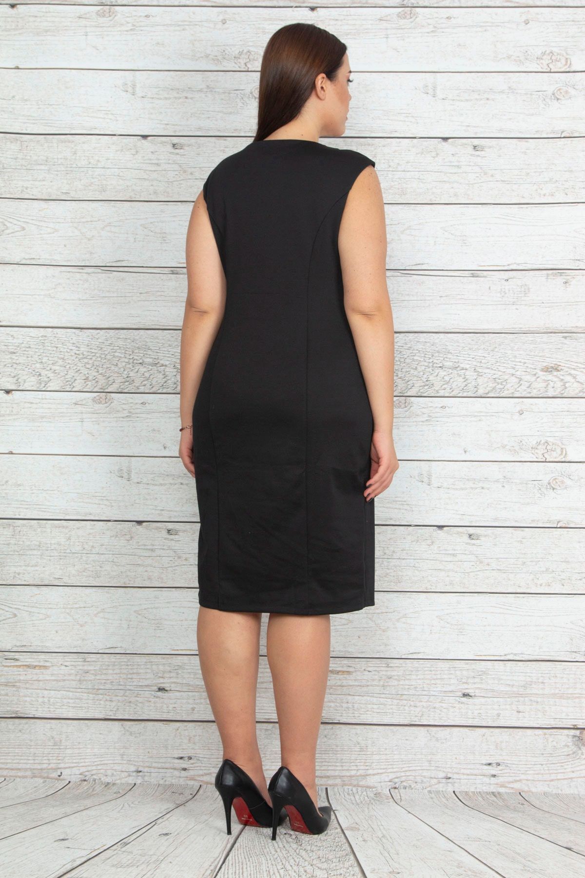Şans-Women's Large Size Saks Color Combination Cup Detailed Dress 65n20235 3