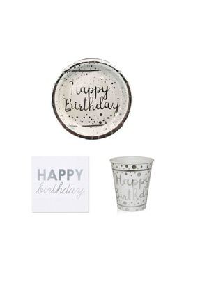 Beyaz-Gümüş 6 Kişilik Metalize Happy Birth Day Varak Baskılı Tabak Bardak Peçete Set 4851434