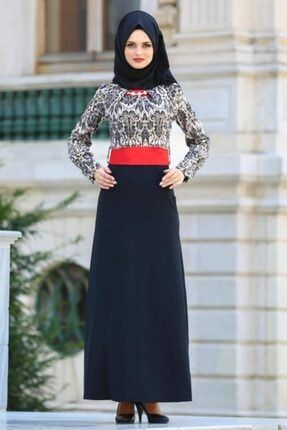Kadın Siyah Tesettürlü Abiye Elbise - Çini Desenli Tesettür Abiye Elbise 20344s MGR-20344|00001_Siyah