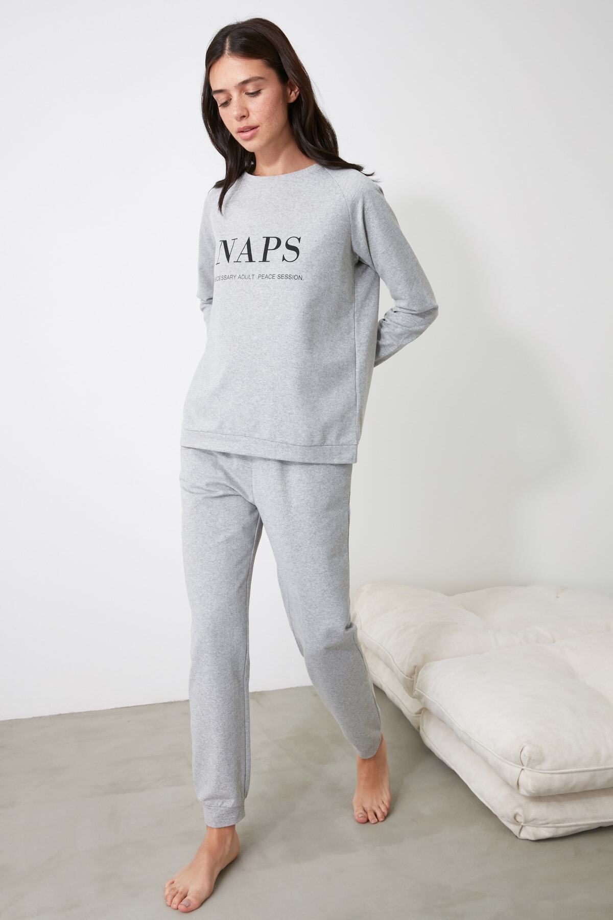 Trendyol Collection-Set pijama tricotată cu slogan antracit THMAW21PT0497 20