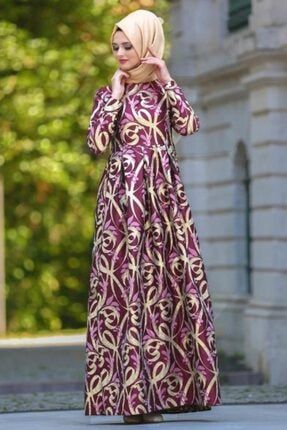 Tesettürlü Abiye Elbise - Desenli Pileli Bordo Tesettür Abiye Elbise 2441br MGR-2441|00009_Bordo