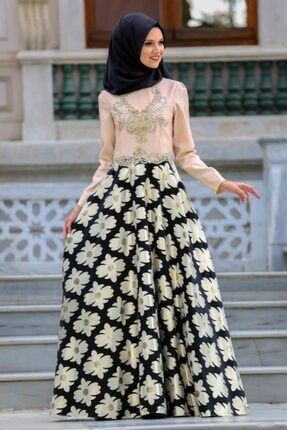 Tesettürlü Abiye Elbise - Eteği Çiçek Desenli Siyah Tesettür Abiye Elbise 2697s MGR-2697|00001_Siyah