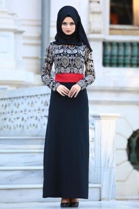 Tesettürlü Abiye Elbise - Çini Desenli Siyah Tesettür Abiye Elbise 20342s MGR-20342|00001_Siyah