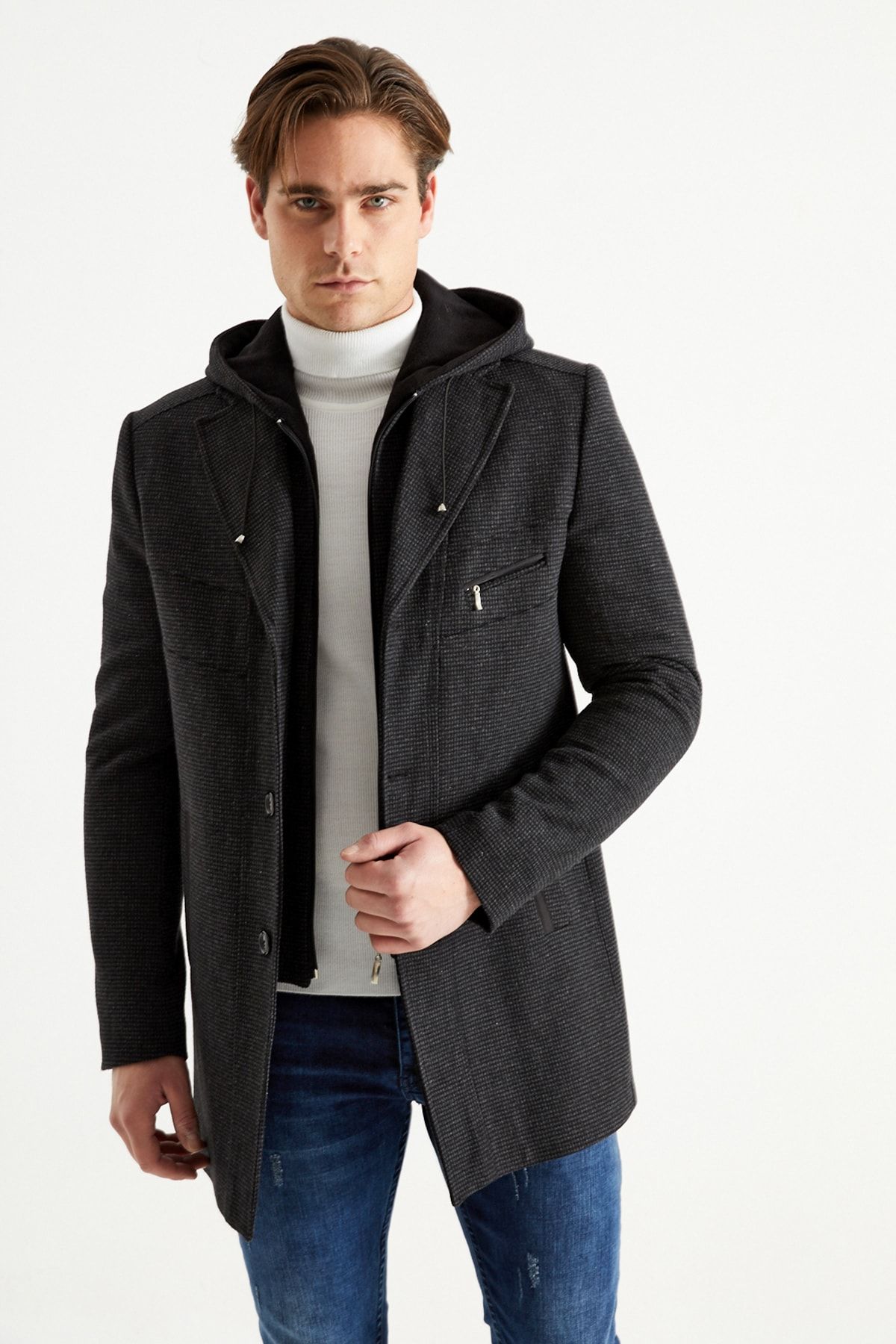 DYNAMO-Men's Black Wool Blended Patterned Cashmere Hooded Zippered Front and Buttoned Coat 2
