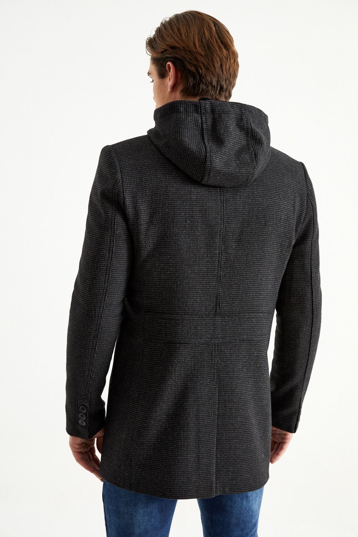 DYNAMO-Men's Black Wool Blended Patterned Cashmere Hooded Zippered Front and Buttoned Coat 5