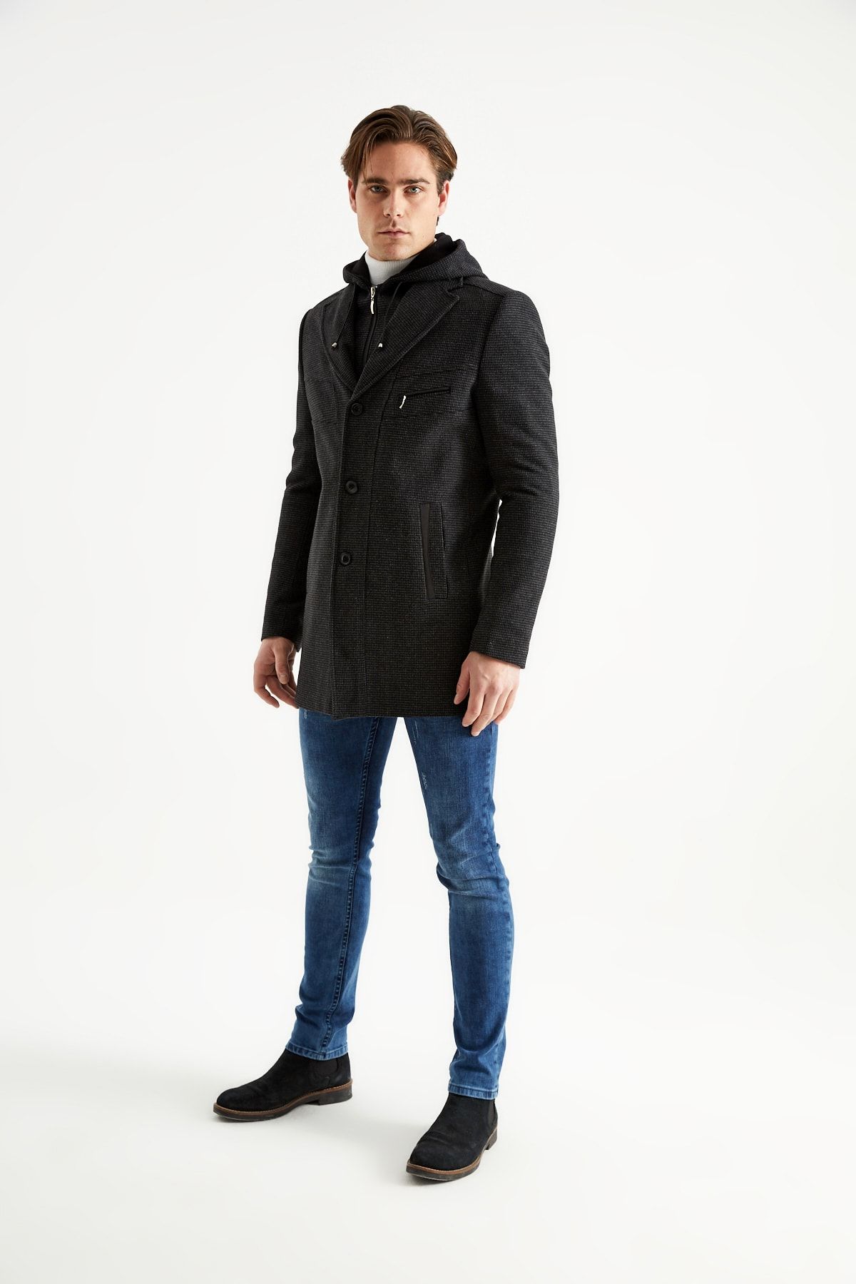 DYNAMO-Men's Black Wool Blended Patterned Cashmere Hooded Zippered Front and Buttoned Coat 6