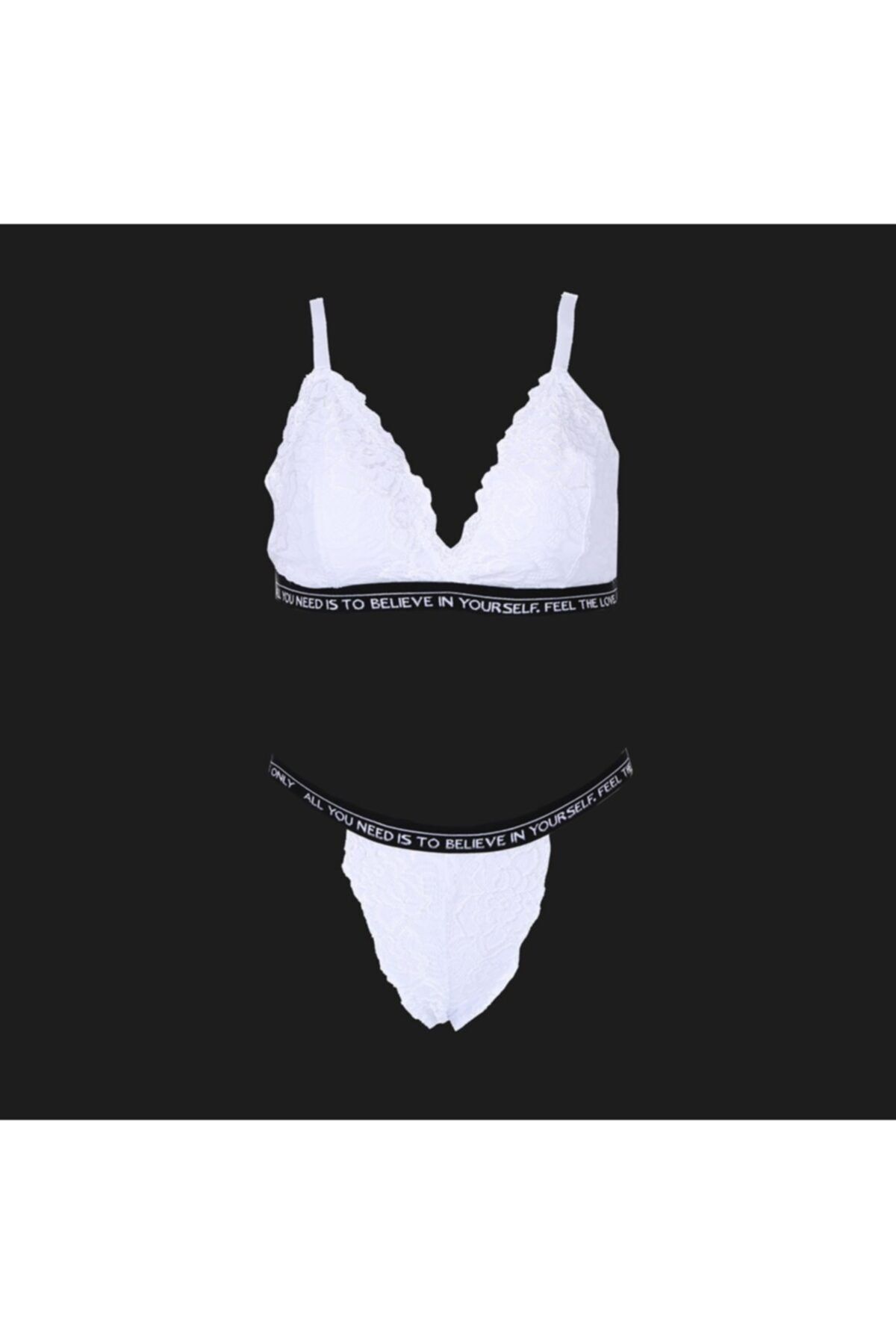 Koza-Women's White Non-Wireless Written Lace Bralette Bra Set 2