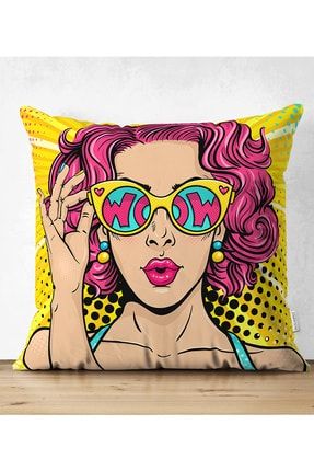 Sarı Zeminli Pop Art Girl Desenli Çift Taraflı Dekoratif Süet Yastık Kırlent Kılıfı Suet-K-3285