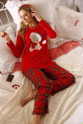 Kadın Kırmızı Ekoseli Uzun Kollu Pijama Takımı 93 668