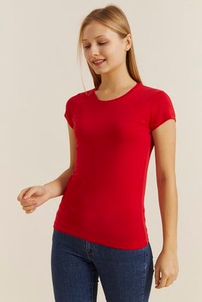 Kadın Kırmızı Bisiklet Yaka Likralı T-shirt 19061