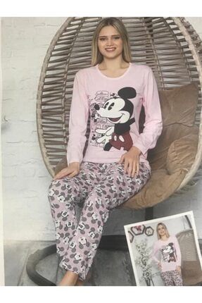 Kadın Pembe Mickey Baskılı Uzun Kollu Pijama Takımı 110981