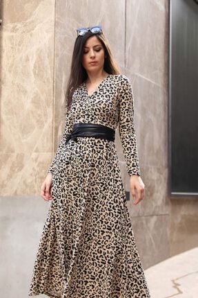 Kadın Siyah Leopar Desenli Kışlık Uzun Elbise LRN9234-47