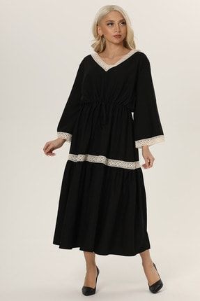 Yaka Kol Etek Dantel Detaylı Elbise (siyah) 000119