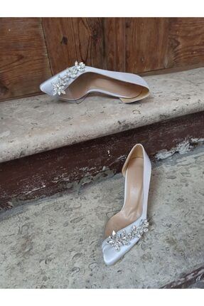 Gümüş Saten 9 Cm Şampanya Topuk Yaprak Taşlı Kadın Topuklu Ayakkabı DS-ATELİER