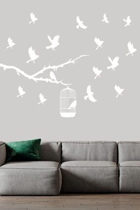 Kafesten Kaçan Kuşlar Dekoretif Duvar Sticker Beyaz (13 Figür) THS-41-01-00