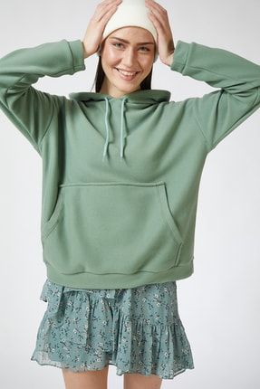 Kadın Açık Çağla Yeşili Kapüşonlu Kışlık Polar Sweatshirt ZV00047