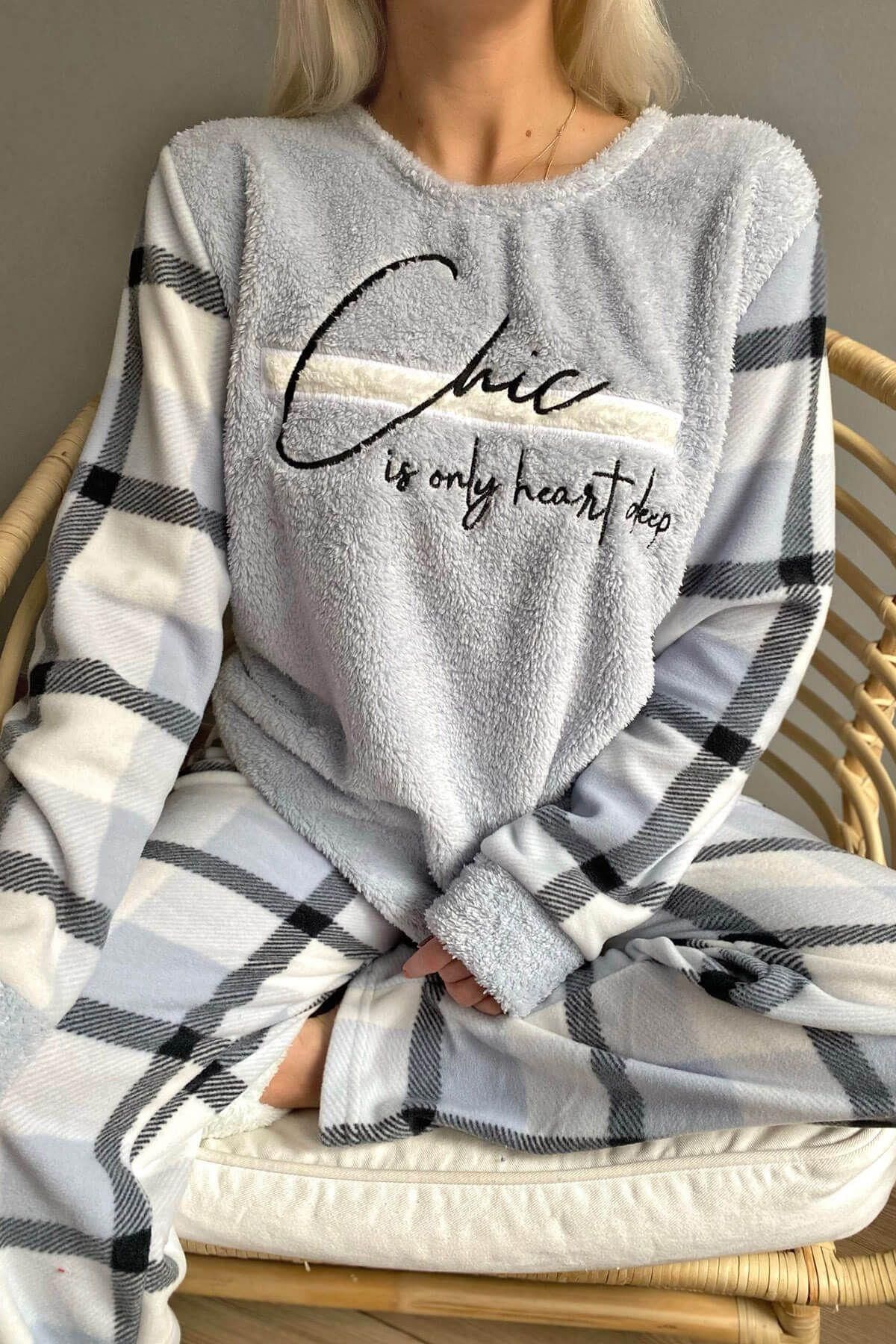 Pijamaevi Mavi Deep Chic Desenli Kadın Peluş Pijama Takımı SN9090