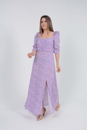 Viskon Kumaş Çiçek Desen Elbise - Lila GYM-8107