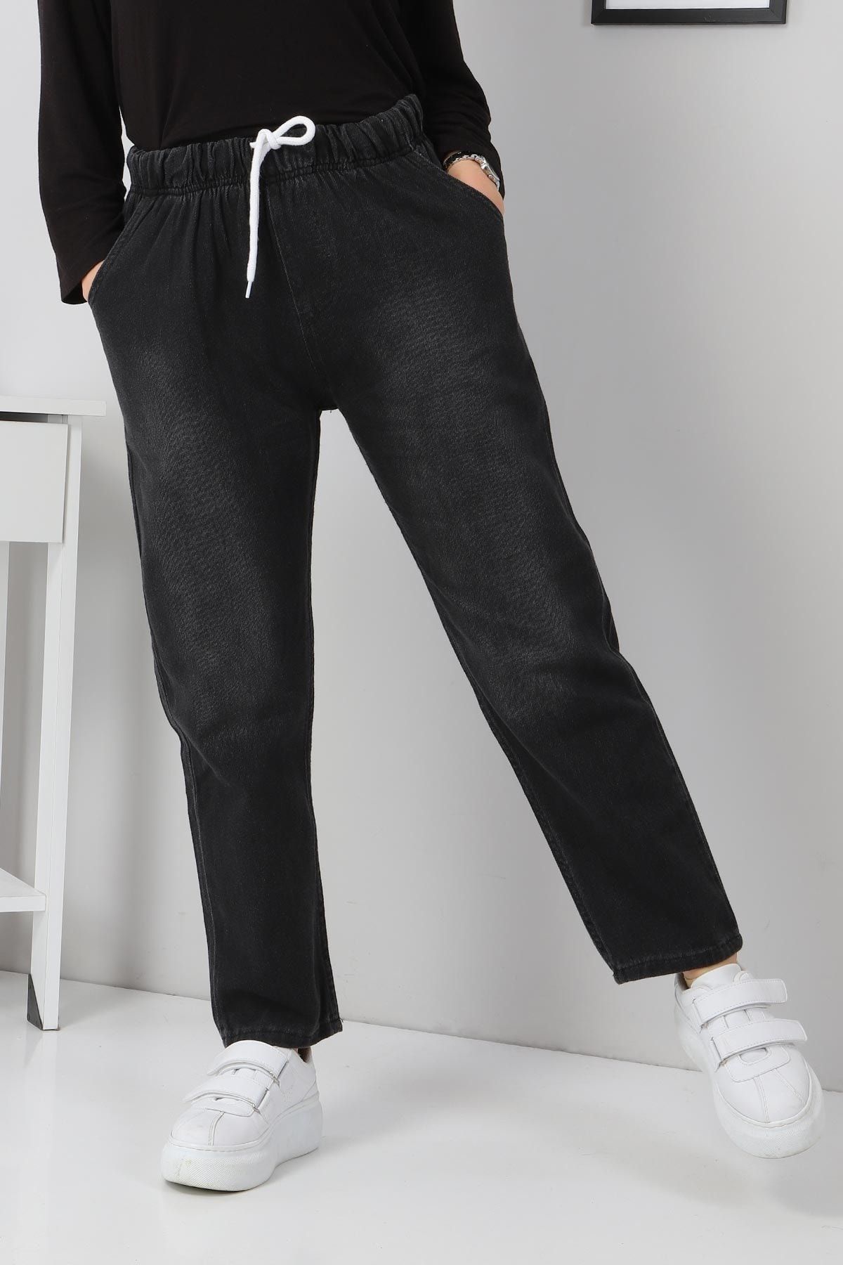 Modamihram-Elastic Waist Boyfriend Jeans Anthracite 4