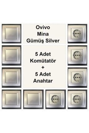 Ovivo Mina Gümüş Silver 5 Adet Topraklı Priz+ 5 Adet Anahtar OVGM001X10+OVG016X5+OVG001X5