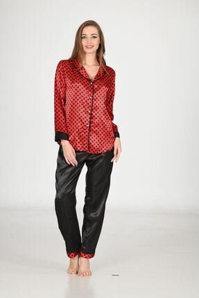 Kadın Kırmızı Siyah Uzun Kollu Alt Üst Saten Pijama Takımı - Saten Çeyizlik Pijama Takımı AKT061600