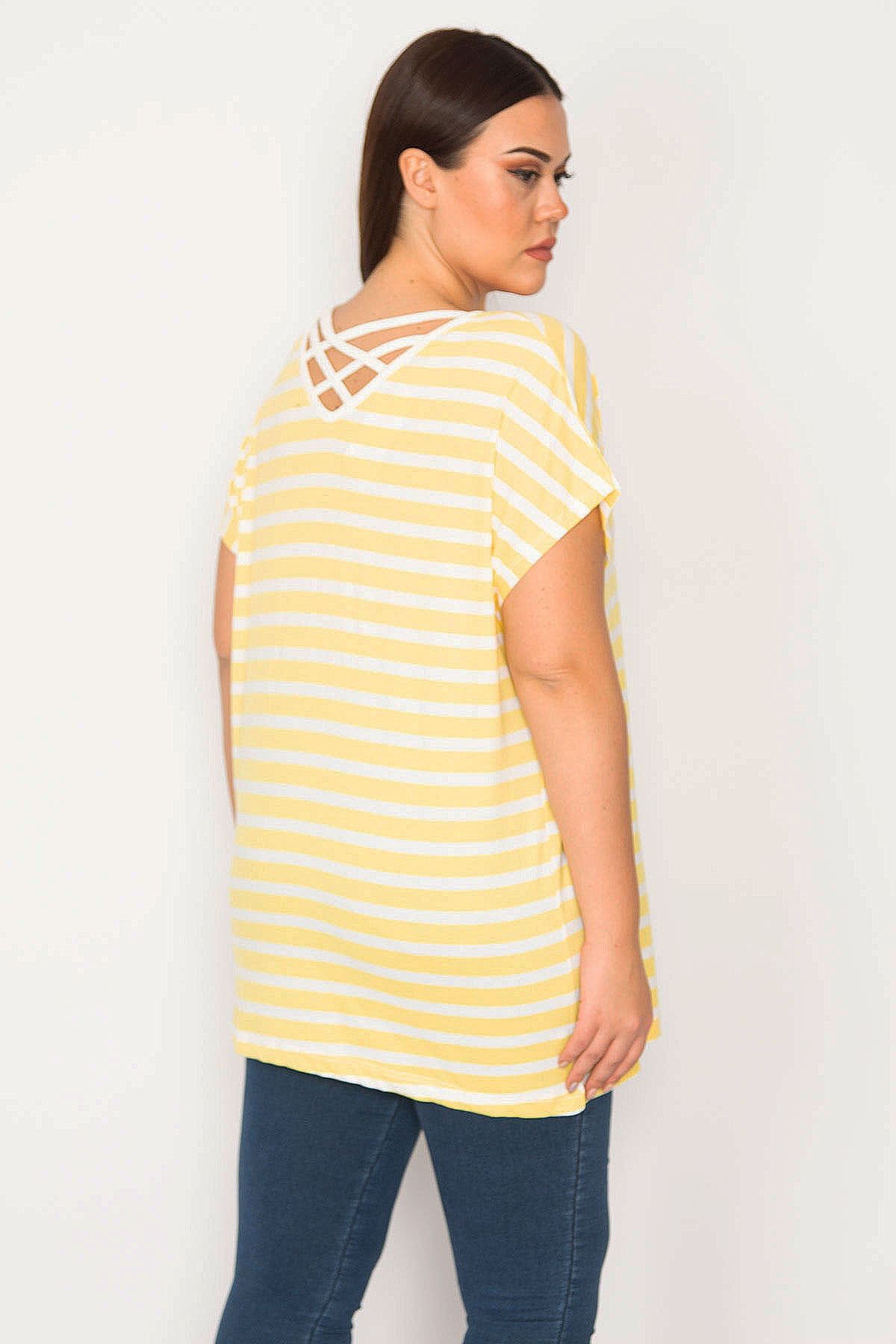 Şans-Women's Large Size Yellow Back Detailed V-Neck Low Sleeve Blouse 65n30175 3