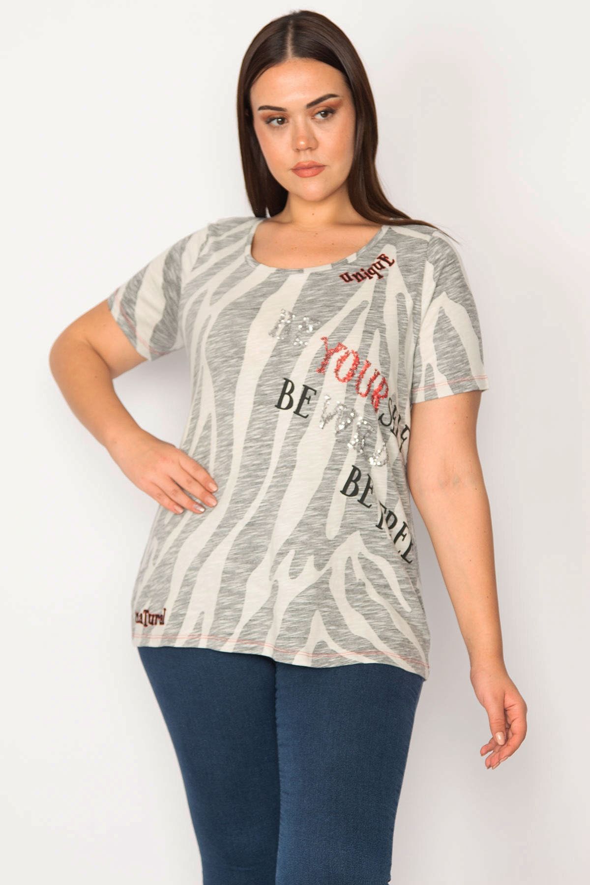 Şans-Women's Large Size Stone Sequin Embroidered Cotton Fabric Blouse 65n30232 5
