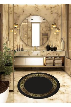 Siyah Çiçek Çerçeve Luxury Gold Detaylı 120 X 120 Cm Modern Banyo Paspası CH-BY-6