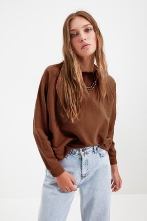 Kahverengi Reglan Kol Basic Kalın Örme Sweatshirt TWOAW20SW0055