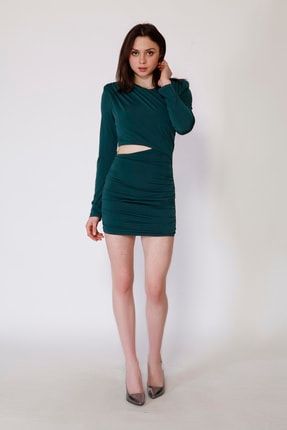 Kadın Mini Elbise Bel Dekolteli Yeşil ELBİSE6