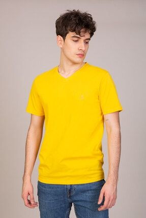 Erkek Sarı V Yaka Kısa Kollu Basic T-shirt BS-TE0102