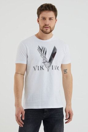 Bisiklet Yaka Viking Yazı Baskılı Tshirt VKNG023426