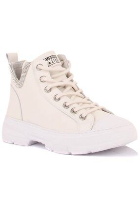 Beyaz - Kadın Boğazlı Taşlı Deri Sneaker GJ21K390-4