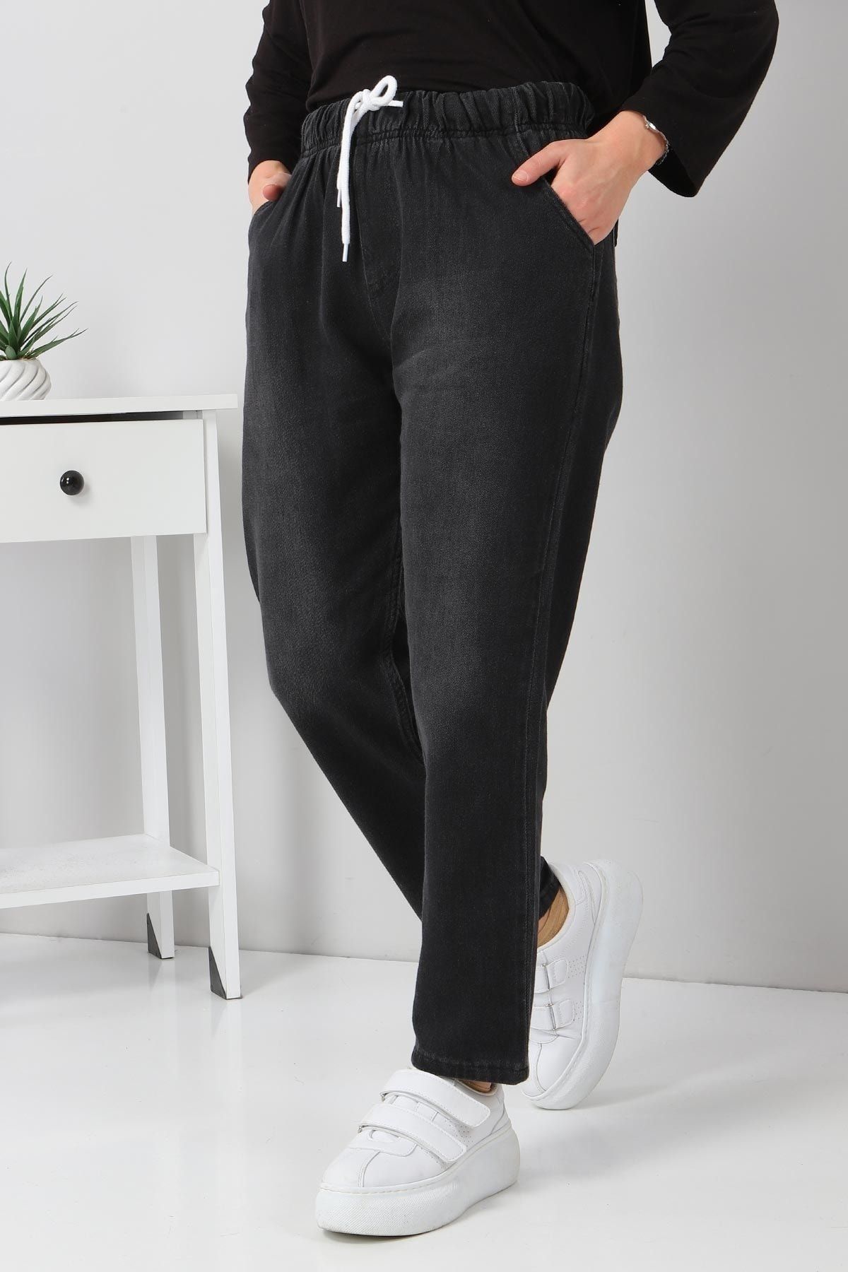 Modamihram-Elastic Waist Boyfriend Jeans Anthracite 1