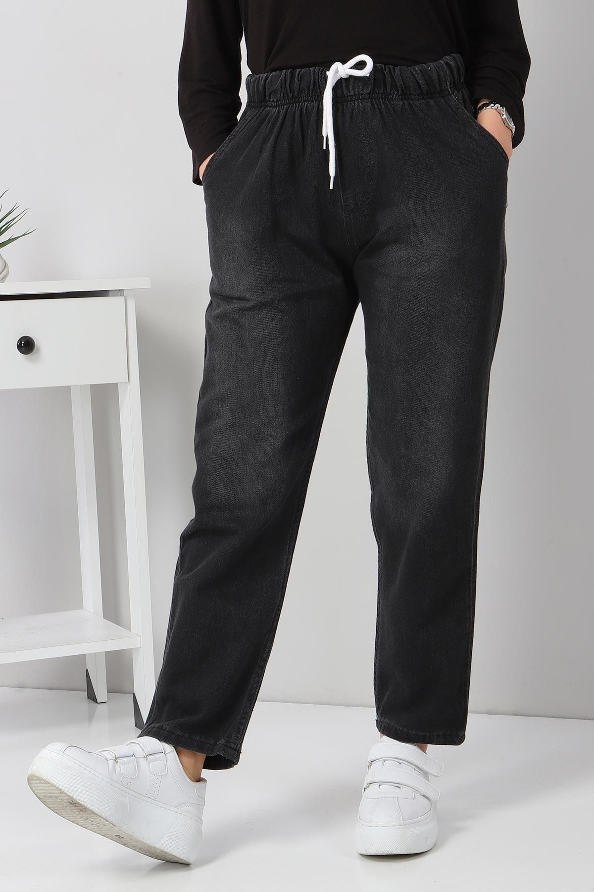 Modamihram-Elastic Waist Boyfriend Jeans Anthracite 3