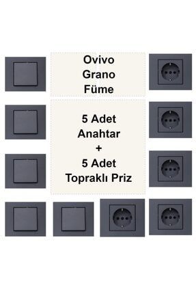 Ovivo Grano Füme 5 Adet Anahtar + 5 Adet Topraklı Priz OVG041X10+OVF001X5+OVF016X5