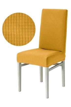 6adet Likrali Sandalye Kılıfı, Sandalye Örtüsü Yıkanabilir Piti Kare Desen Hardal likrali6