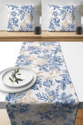 Özel Tasarım Premium Kumaş Mavi Çiçekli, 2 Adet Kırlent Kılıfı Ve 1 Adet Runner Set ybset07