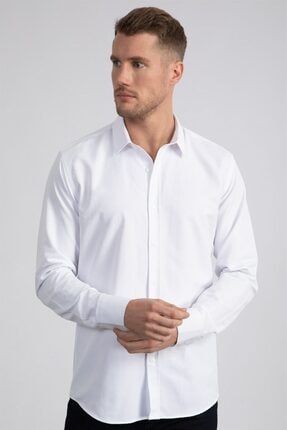 Modern Slim Fit Dar Kesim Armürlü Erkek Beyaz Gömlek MD17002-410