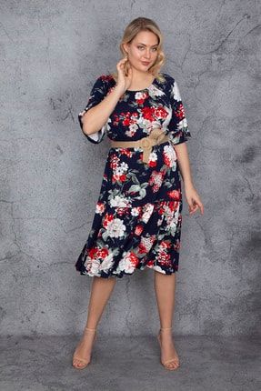 Kadın Renkli Madonna Yaka Bel Ve Yaka Lastik Detaylı Kemer Aksesuarlı Çiçek Desenli Elbise 65N29715