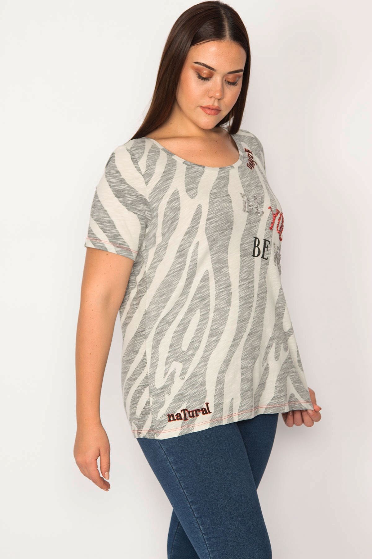 Şans-Women's Large Size Stone Sequin Embroidered Cotton Fabric Blouse 65n30232 2