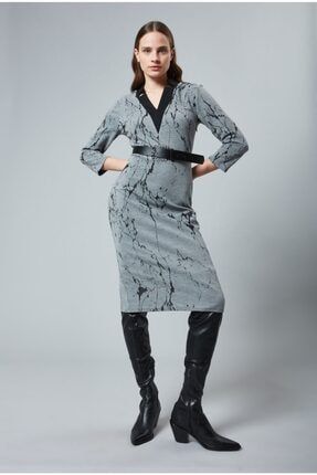 V Yaka Batik Desen Fit Elbise-gri K2211162794551