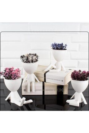 Beyaz Fenomen Masaüstü Dekoratif İnsansı Saksı Çiçek 4 Lü Set HOMETZ-EVAS