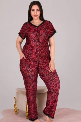 Bordo Büyük Beden Zebra Desen Kısa Kol Pijama Takımı l-10791