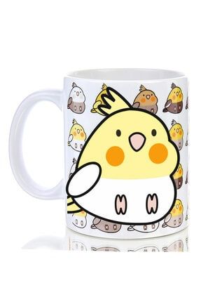 Sultan Papağanı Kupası Arkası Desenli Kuşlu Kupa Hediye Sarı Beyaz SLTNKPA010