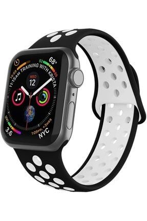 Apple Watch Uyumlu Silikon Delikli Kordon Iwatch Uyumlu Kayış Seri 1 2 3 4 5 6 38mm/40mm Siyah-beyaz