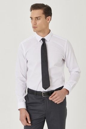 Erkek Beyaz Ütü Gerektirmeyen Non-iron Slim Fit Dar Kesim %100 Pamuk Armürlü Gömlek 4A2010000007