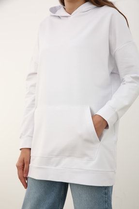 Kadın Beyaz Kapüşonlu Basic Sweat Tunik BÖX52074YC0