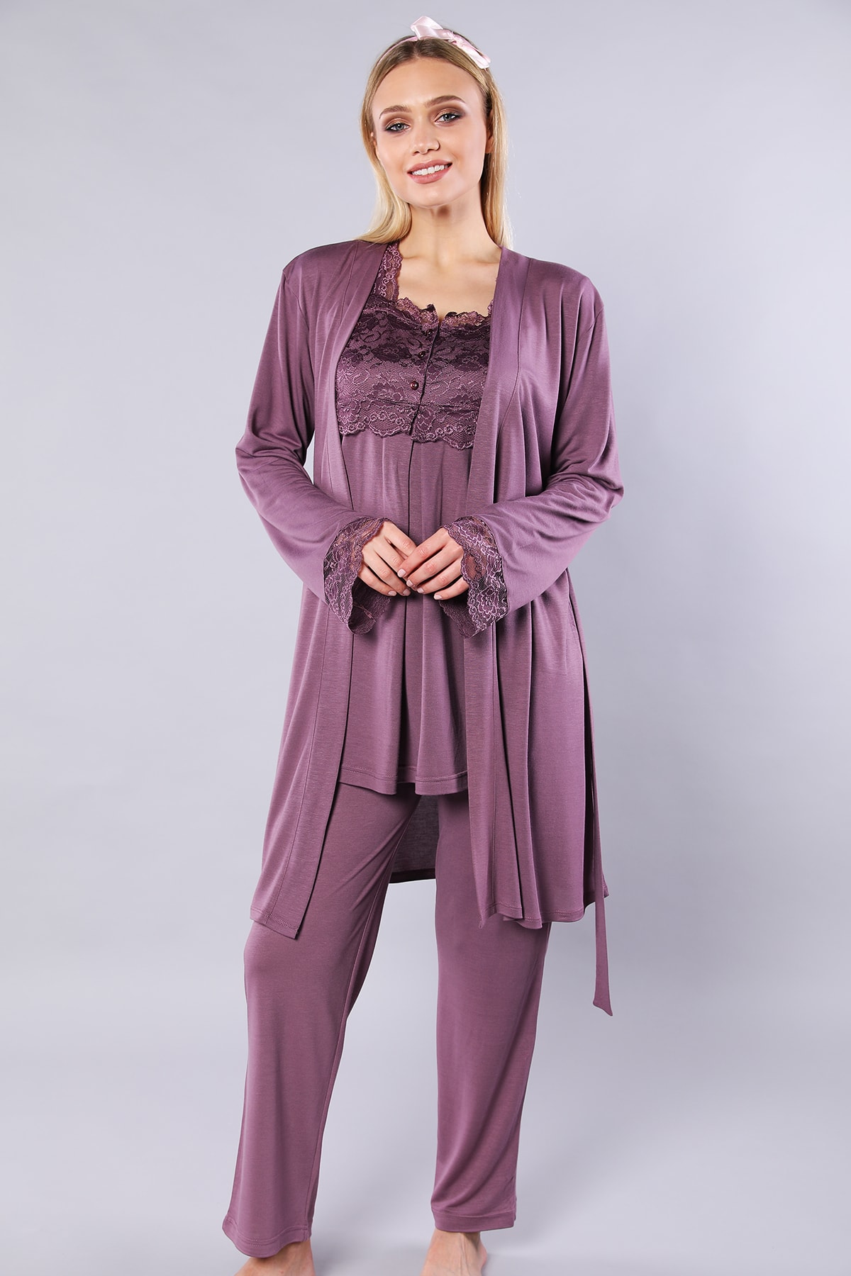 Genel Markalar Kadın Mürdüm Lohusa Sabahlıklı Pijama Takım